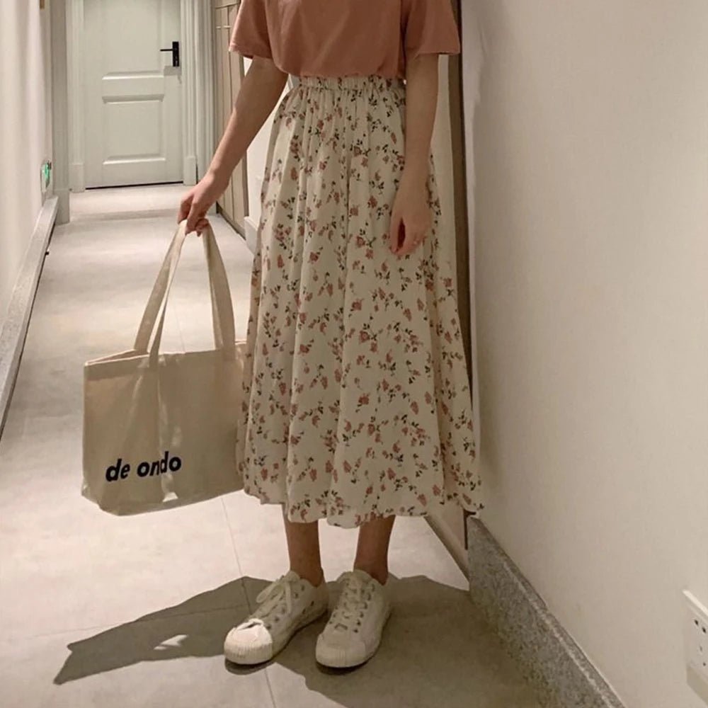 LuxBloom Floral Plant Print A Line Midi Skirt Office Ready Polyester EmpireWaist