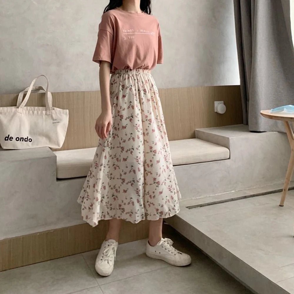 LuxBloom Floral Plant Print A Line Midi Skirt Office Ready Polyester EmpireWaist