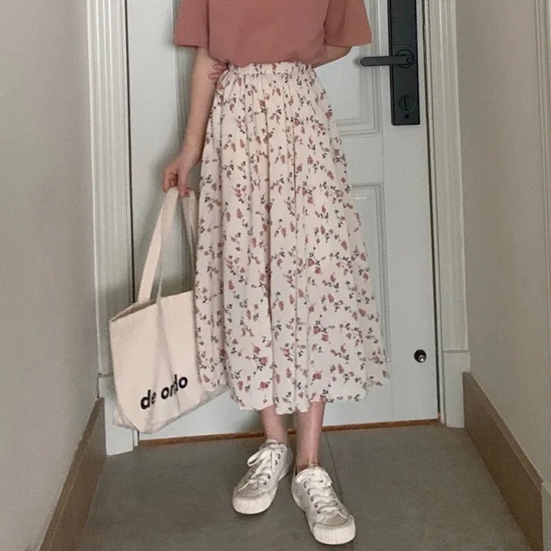 LuxBloom Floral Plant Print A Line Midi Skirt Office Ready Polyester EmpireWaist