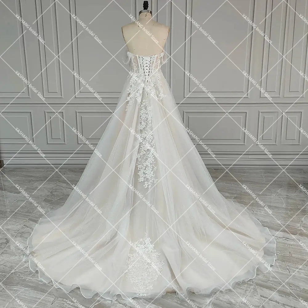 Luxe Shimmer Tulle Off Shoulder Wedding Dress 3D Embroidered Flowers Fairy Tale