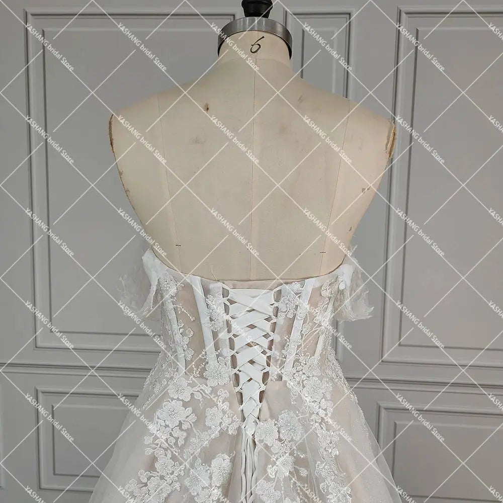 Luxe Shimmer Tulle Off Shoulder Wedding Dress 3D Embroidered Flowers Fairy Tale
