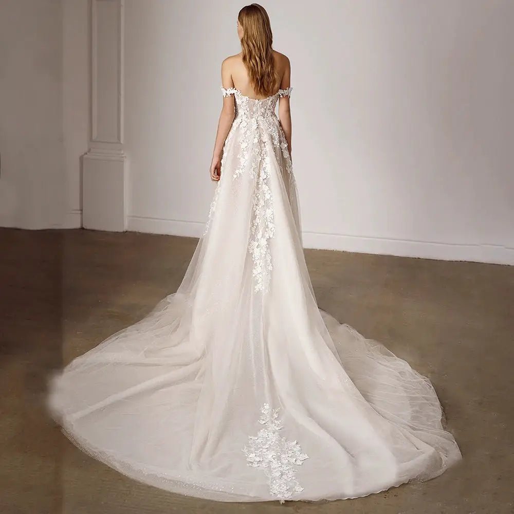 Luxe Shimmer Tulle Off Shoulder Wedding Dress 3D Embroidered Flowers Fairy Tale