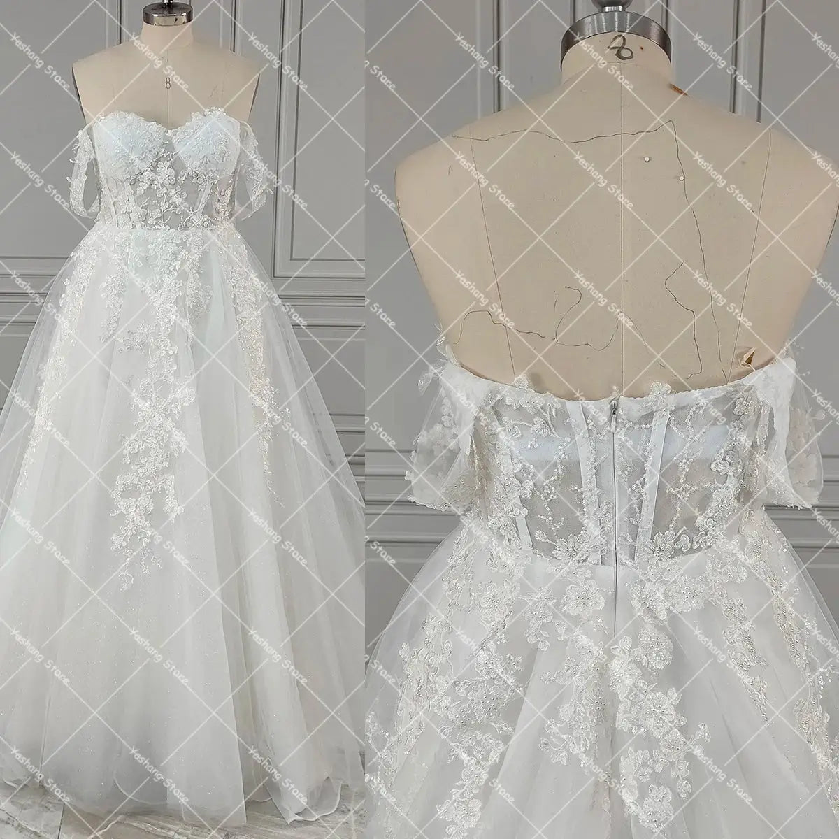 Luxe Shimmer Tulle Off Shoulder Wedding Dress 3D Embroidered Flowers Fairy Tale