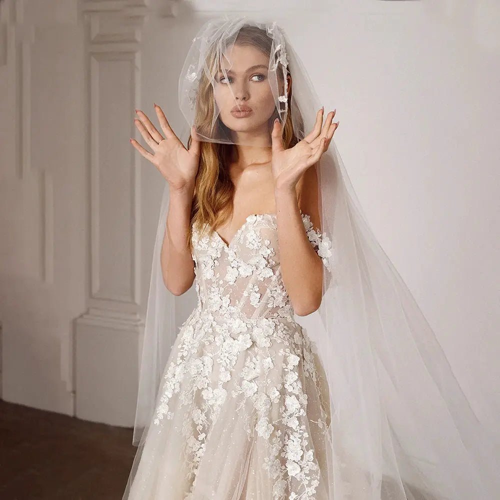 Luxe Shimmer Tulle Off Shoulder Wedding Dress 3D Embroidered Flowers Fairy Tale