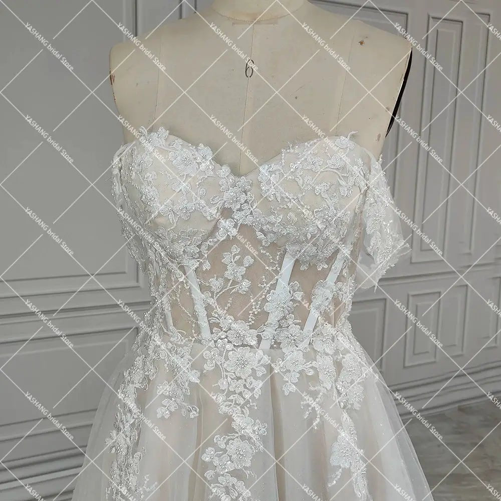 Luxe Shimmer Tulle Off Shoulder Wedding Dress 3D Embroidered Flowers Fairy Tale