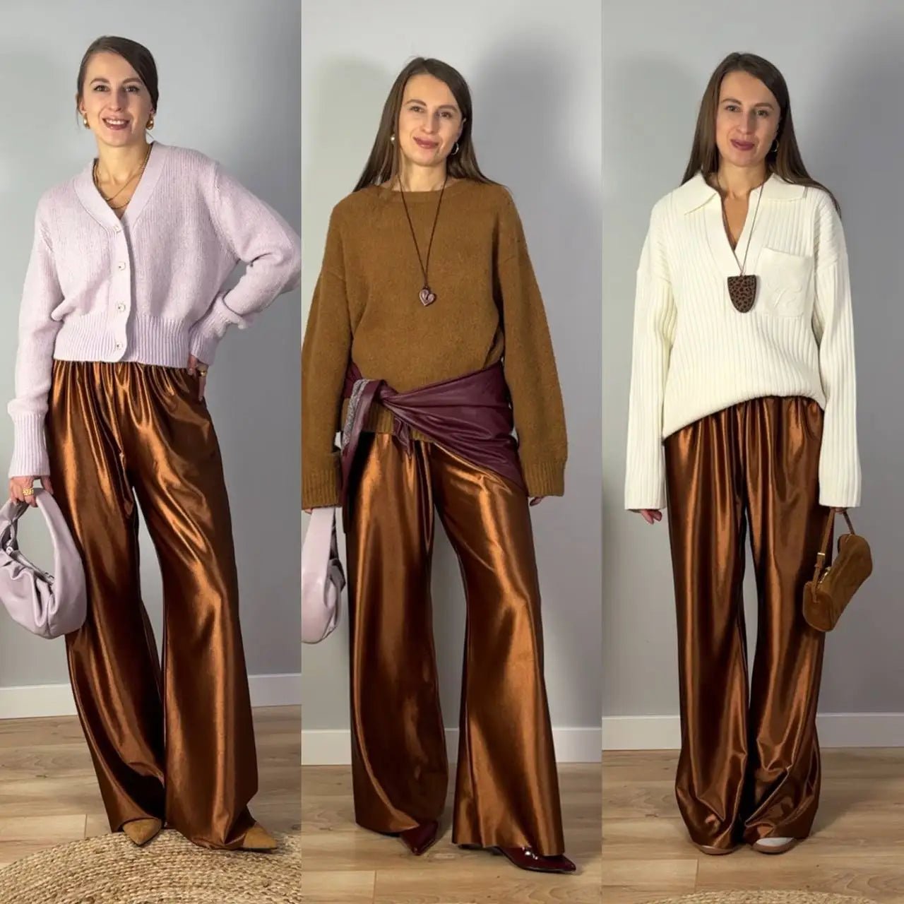 LuxeSatin Satin Wide Leg Pants - Comfortable High Waist Full Length Draped Flowy