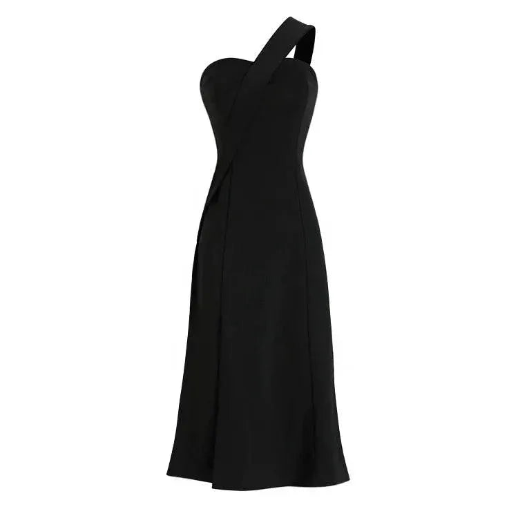 Luxurious One Shoulder Black Dress Goddess Style Chic