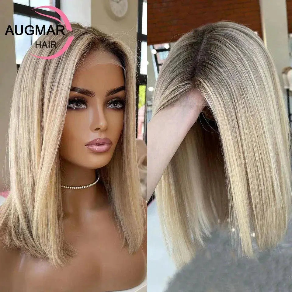 Luxurious Ash Blonde 360 Lace Front Wig Brown Highlights