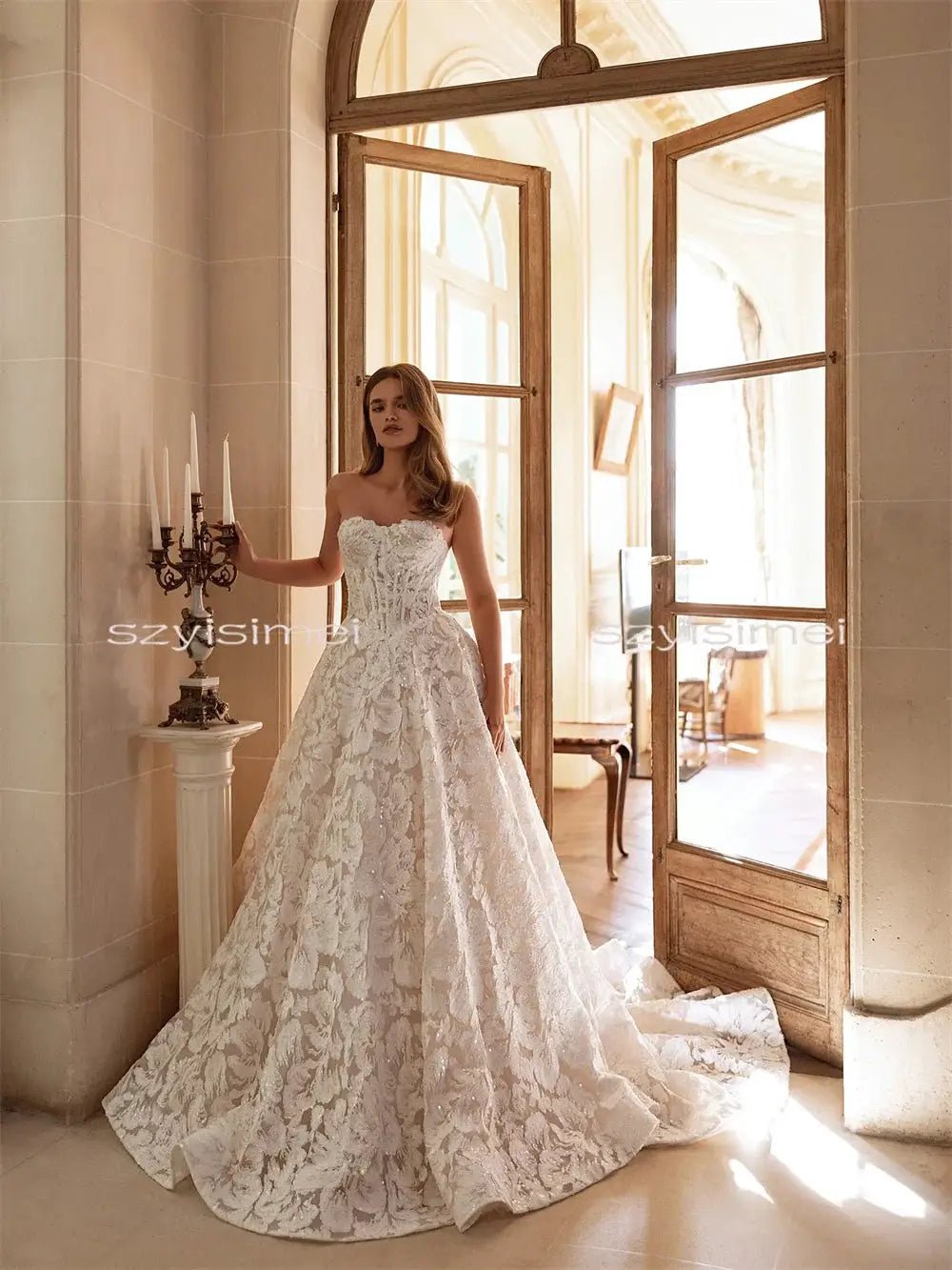 Luxury Full Lace Aline Glam Wedding Dress Backless Sleeveless Customizable Gown