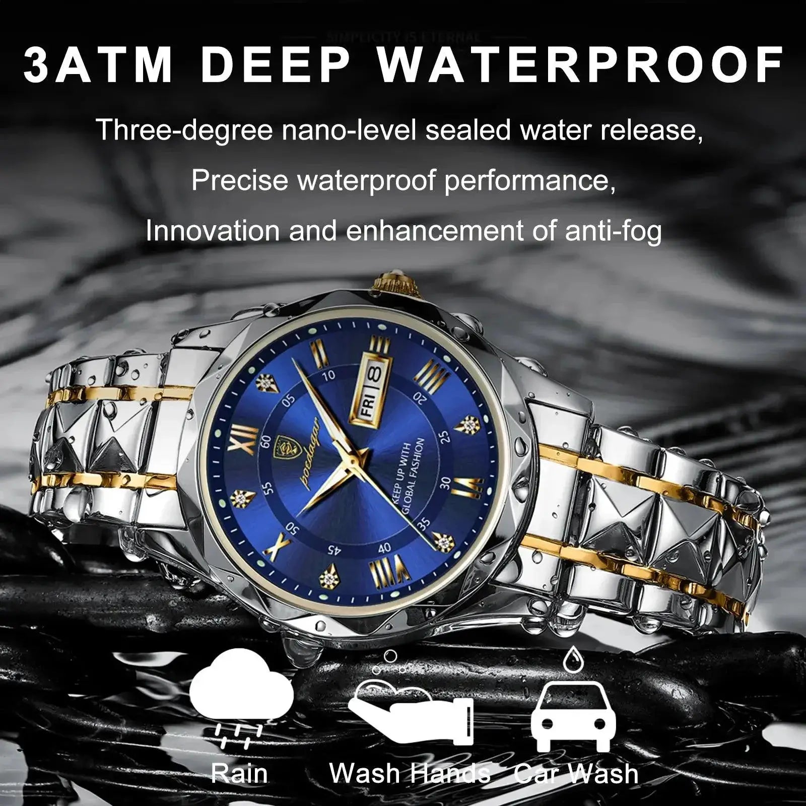 Luxury Mens Luminous Date Week Stainless Steel Watch
