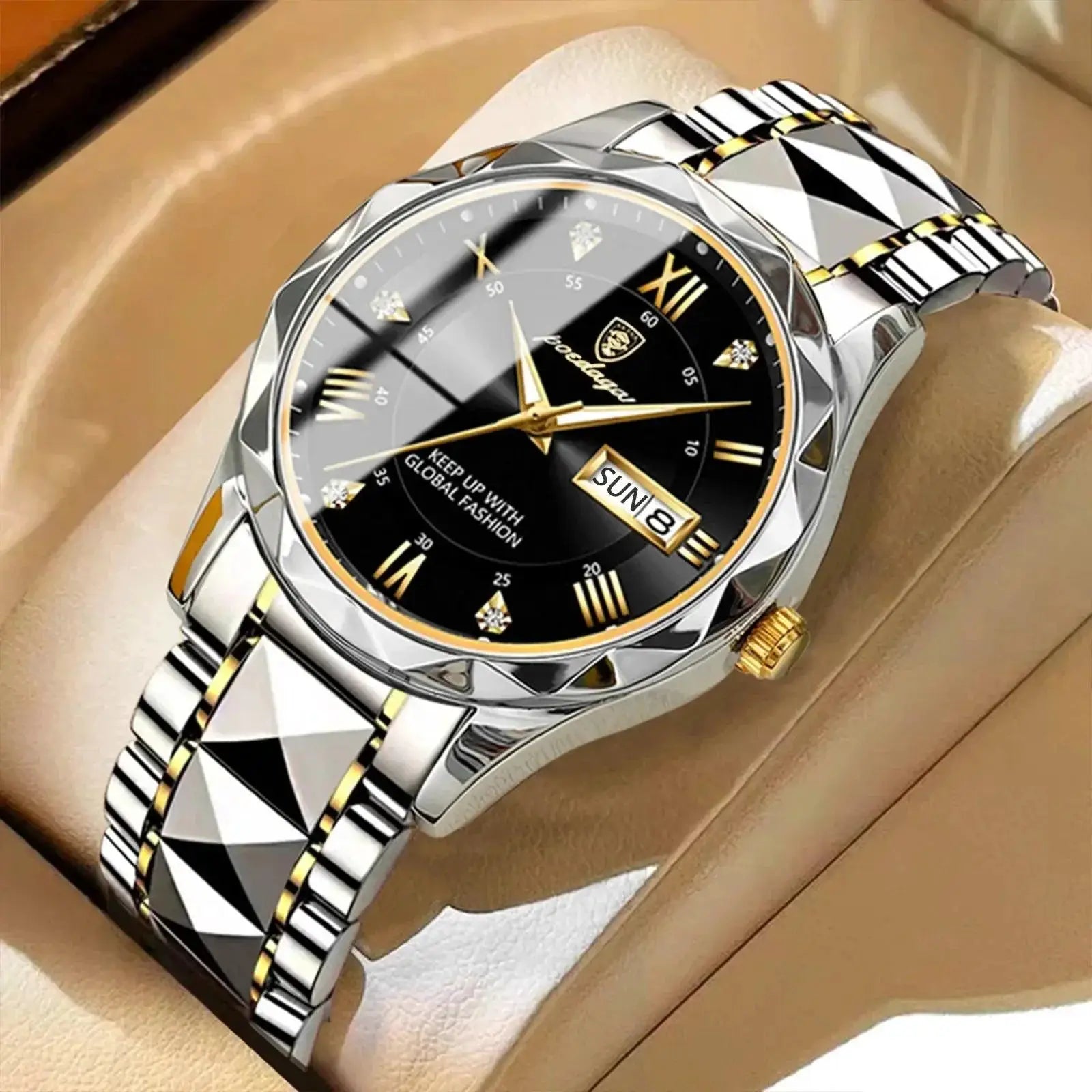 Luxury Mens Luminous Date Week Stainless Steel Watch