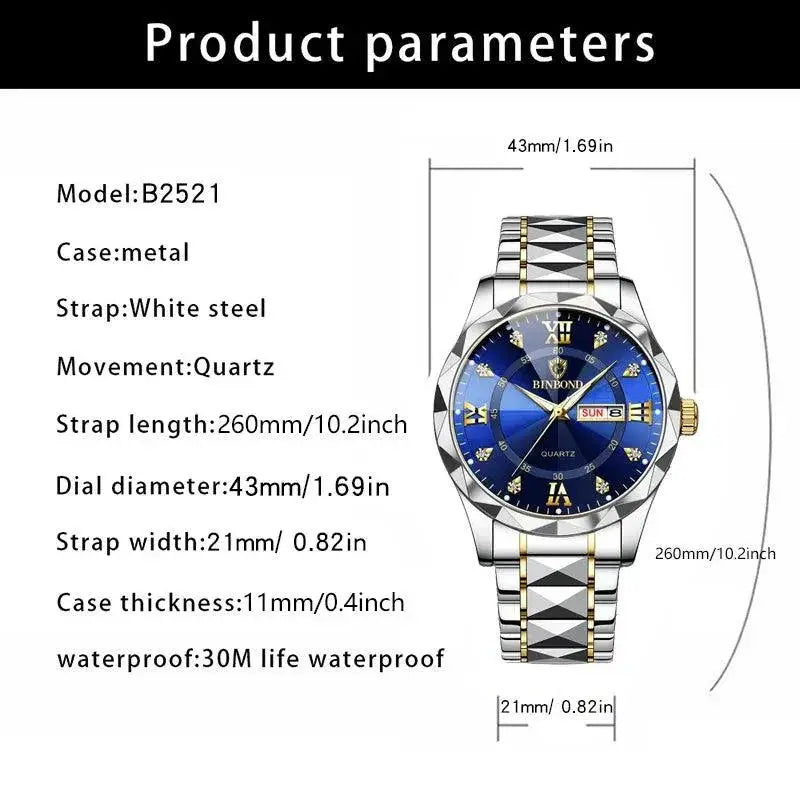 Luxury Mens Waterproof Stainless Steel Wristwatch Timepiece