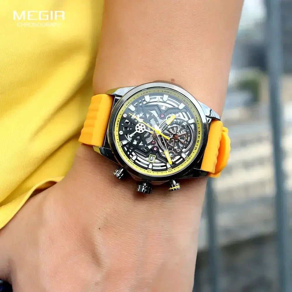 Megir Chronograph Watch For Men Yellow Silicone Strap - OurLum.com