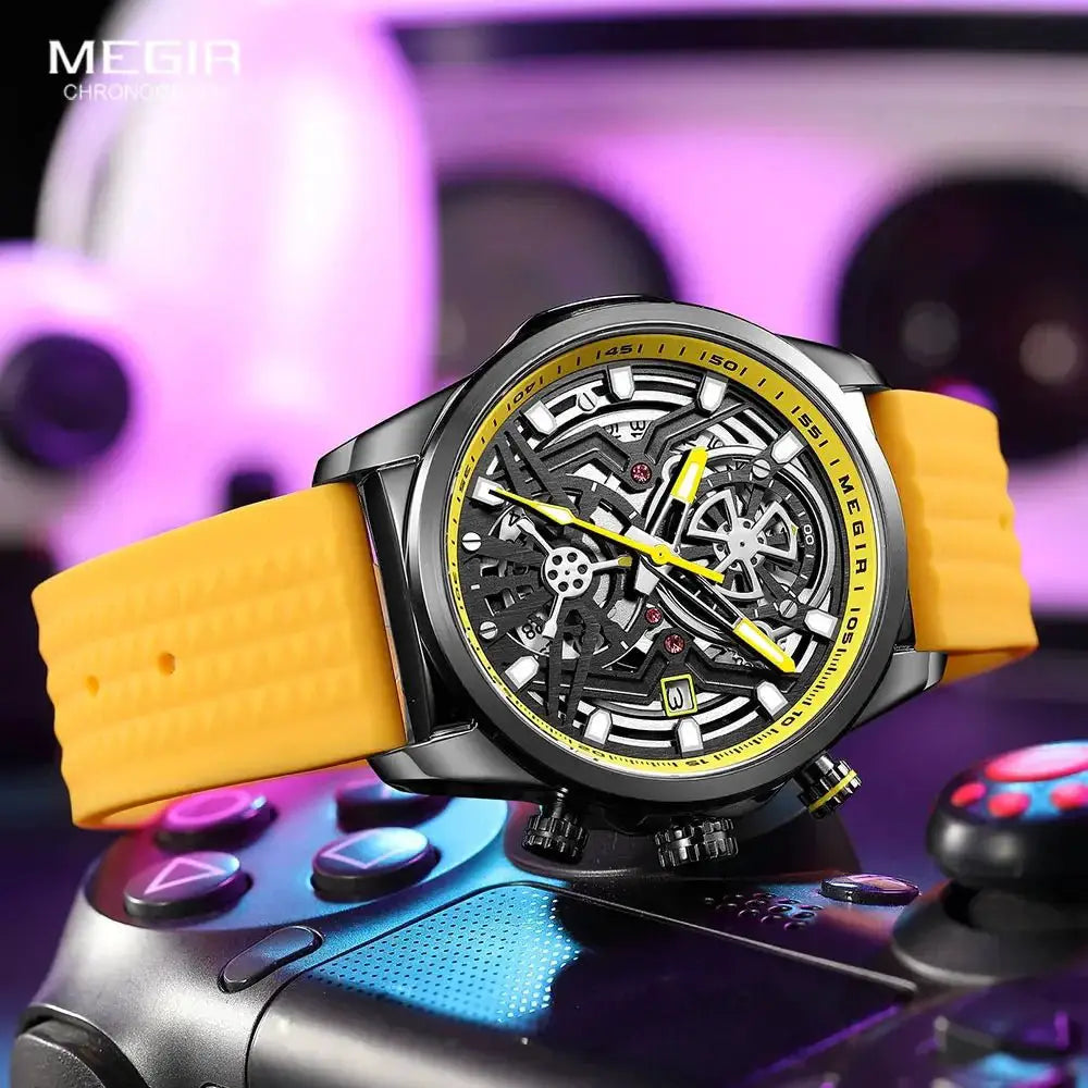 Megir Chronograph Watch For Men Yellow Silicone Strap - OurLum.com