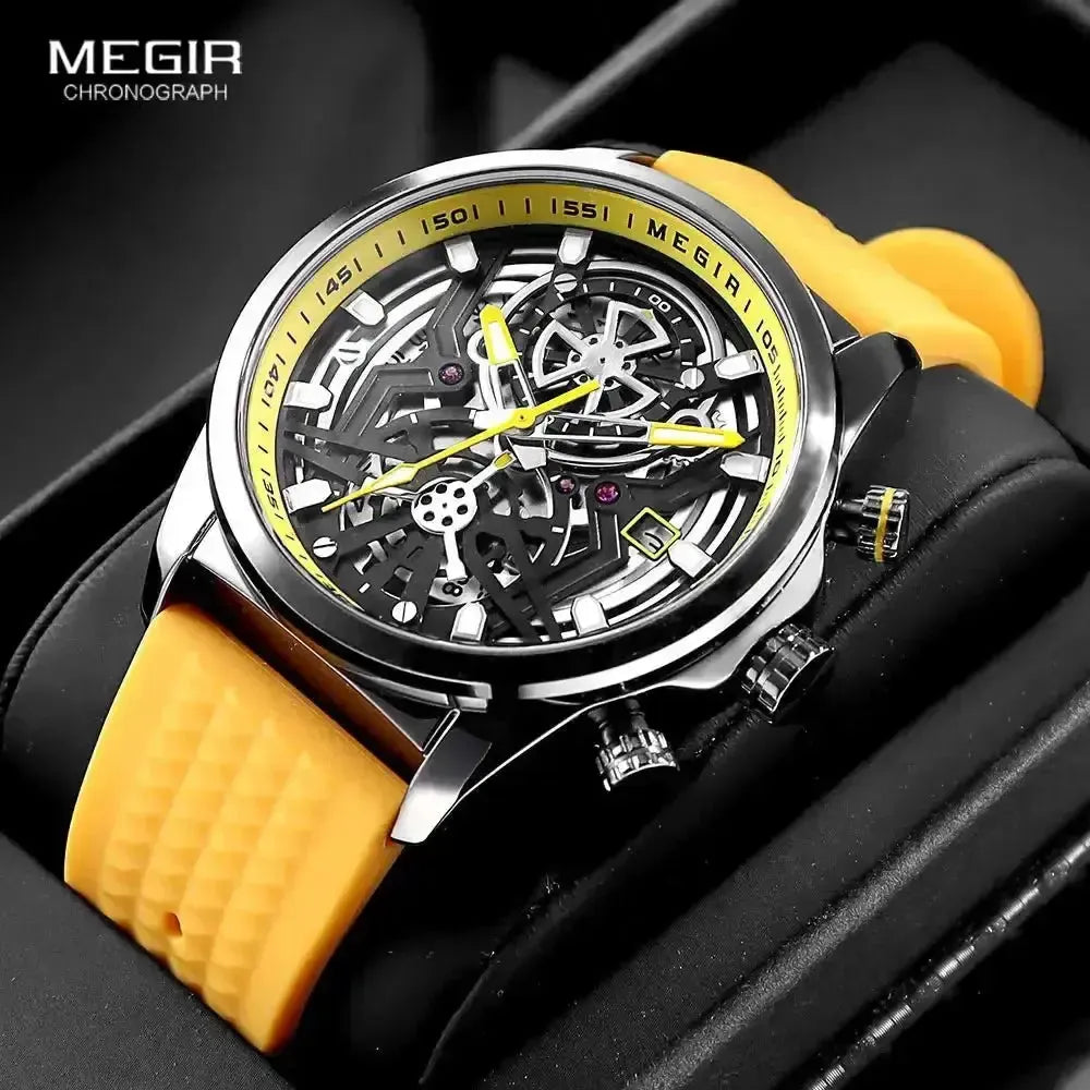 Megir Chronograph Watch For Men Yellow Silicone Strap - OurLum.com