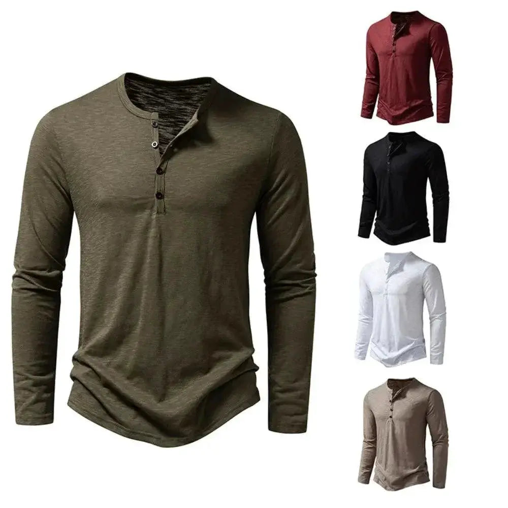 Men's Stylish Cotton Henley Shirt Long Sleeve Casual Tee