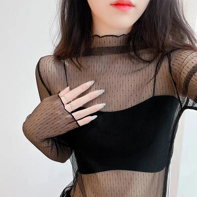 Mesh Lace Seductive Blouse Elegant Sheer Top For Women