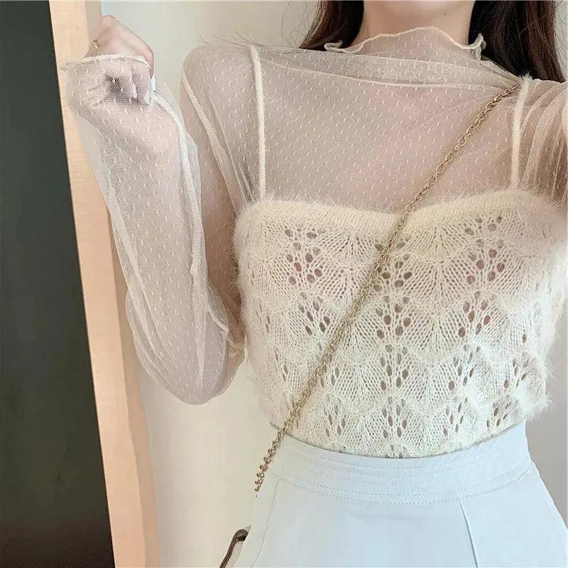 Mesh Lace Seductive Blouse Elegant Sheer Top For Women