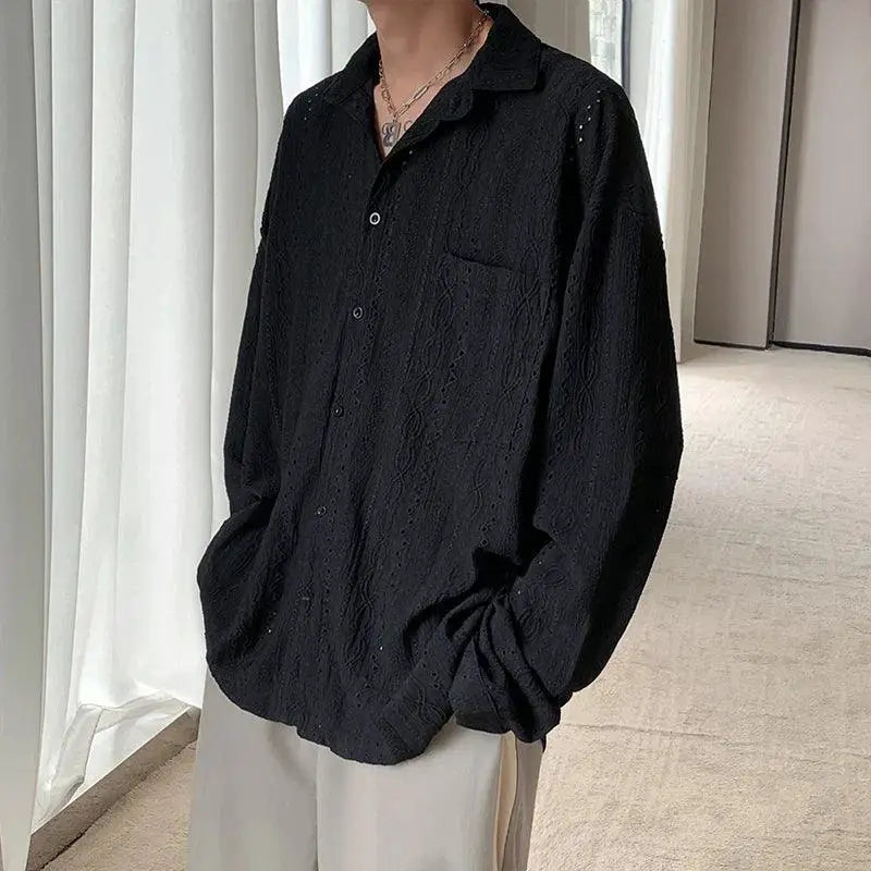 Mesh Men's Hollow Out Shirt With Lapel Blouse For Vacation