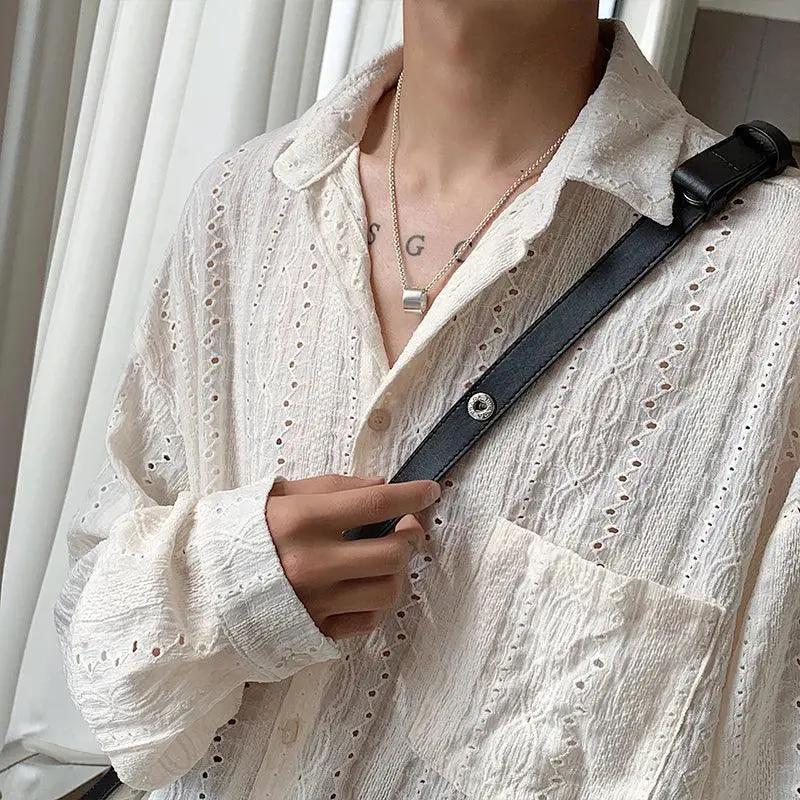 Mesh Men's Hollow Out Shirt With Lapel Blouse For Vacation