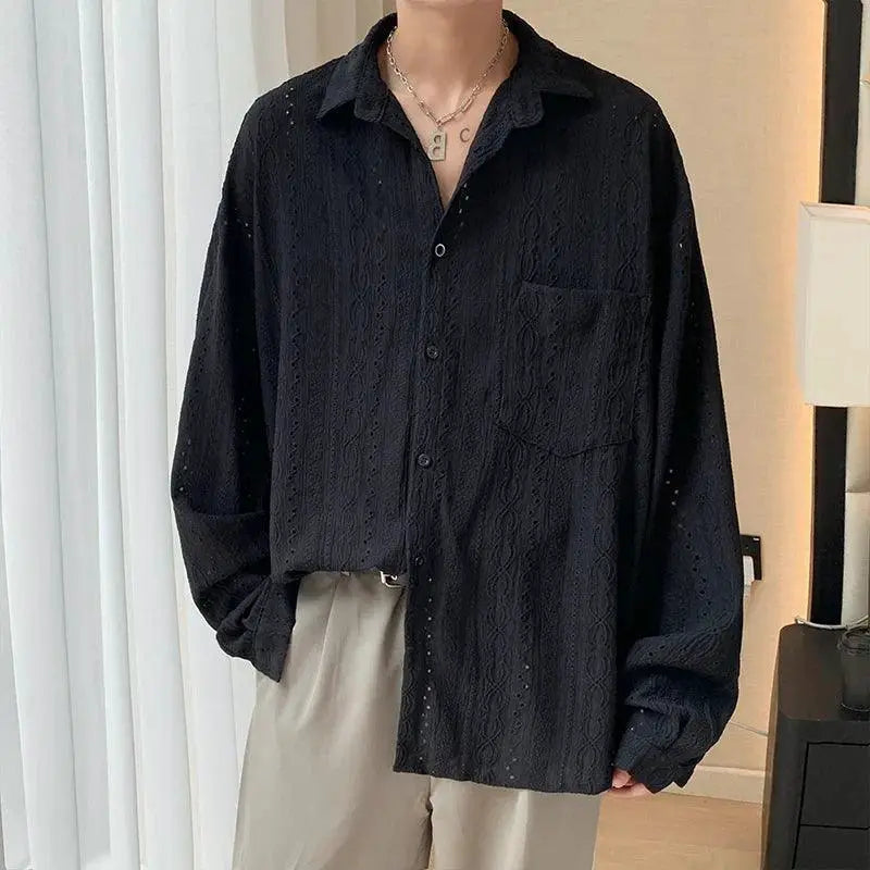 Mesh Men's Hollow Out Shirt With Lapel Blouse For Vacation