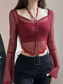 Mesh Off Shoulder Crop Top Seductive Femme Club Blouse