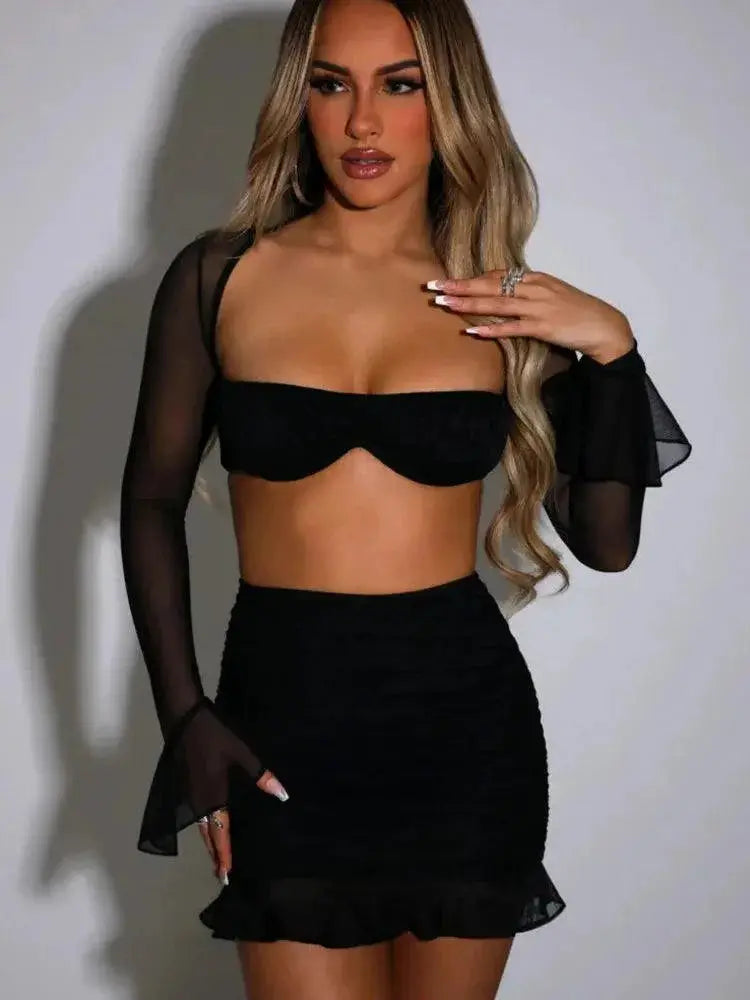 Mesh Seduction Set Strapless Crop Top And Mini Skirt