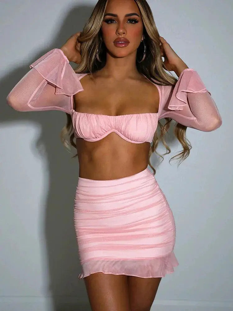 Mesh Seduction Set Strapless Crop Top And Mini Skirt