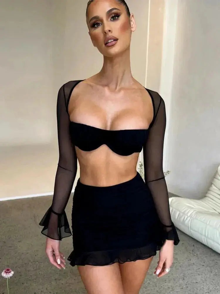 Mesh Seduction Set Strapless Crop Top And Mini Skirt