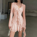 Mesh See-Through Dress Elegant Ruffle Skirt for Women