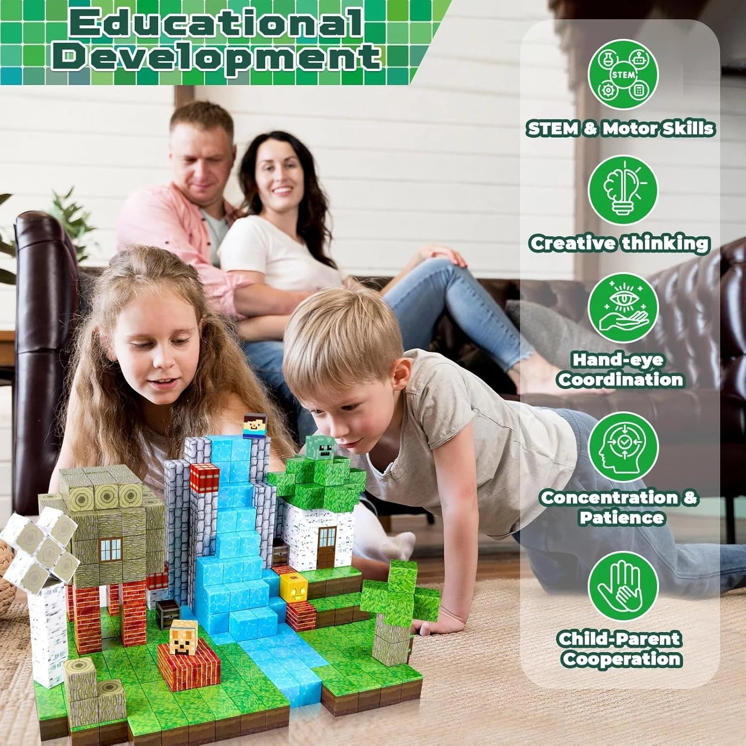 Mine World Magnetic Forest House - STEM Building Blocks For Creative Play Bundle
