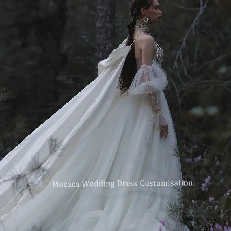 Mocaca White Tulle Wedding Dress With Lace Trim Corset Builtin Bra Dreamy Cape