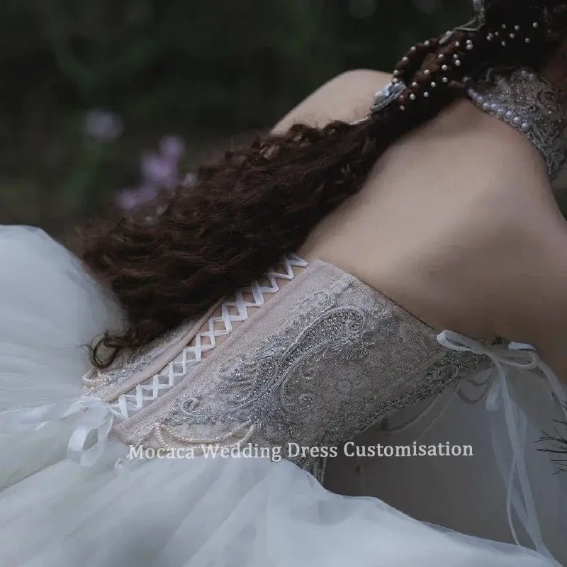 Mocaca White Tulle Wedding Dress With Lace Trim Corset Builtin Bra Dreamy Cape