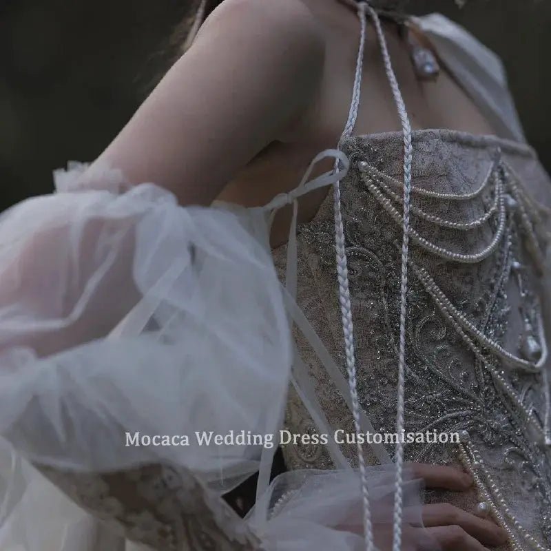 Mocaca White Tulle Wedding Dress With Lace Trim Corset Builtin Bra Dreamy Cape