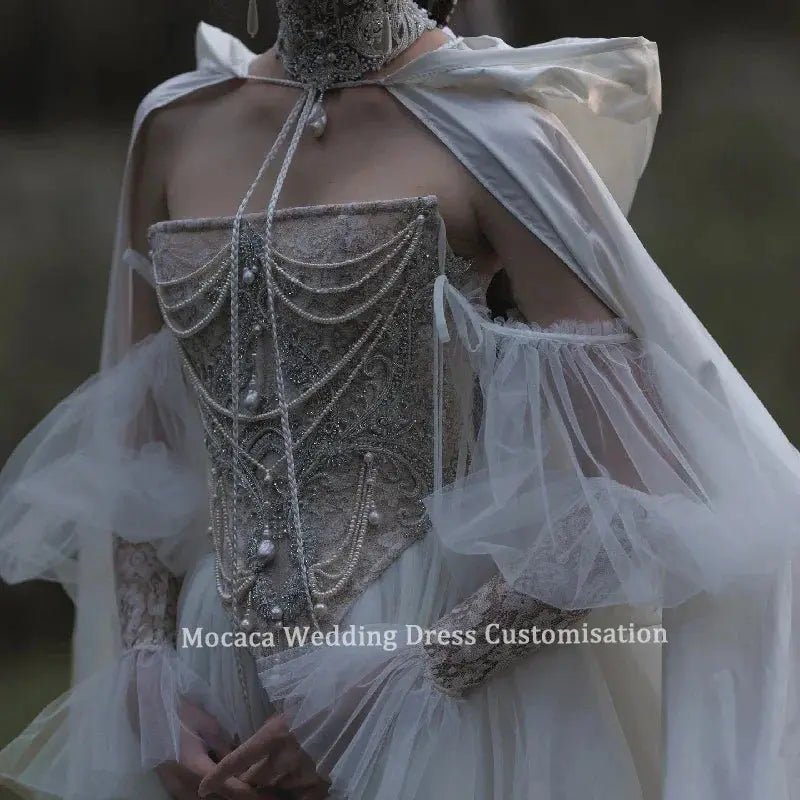 Mocaca White Tulle Wedding Dress With Lace Trim Corset Builtin Bra Dreamy Cape