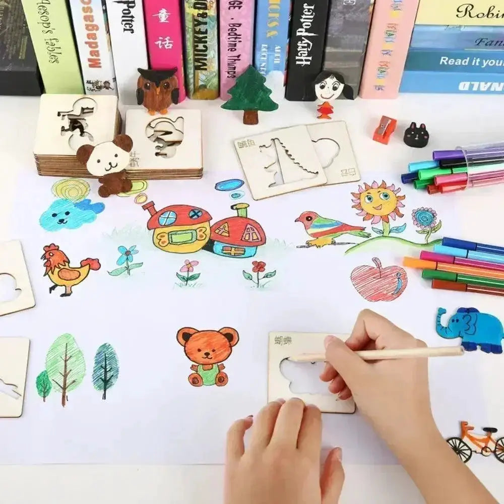 Montessori Kids Wooden Painting Stencils Educational Toy Set