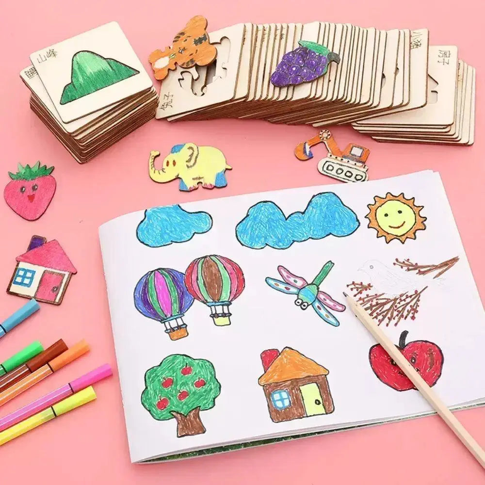 Montessori Kids Wooden Painting Stencils Educational Toy Set