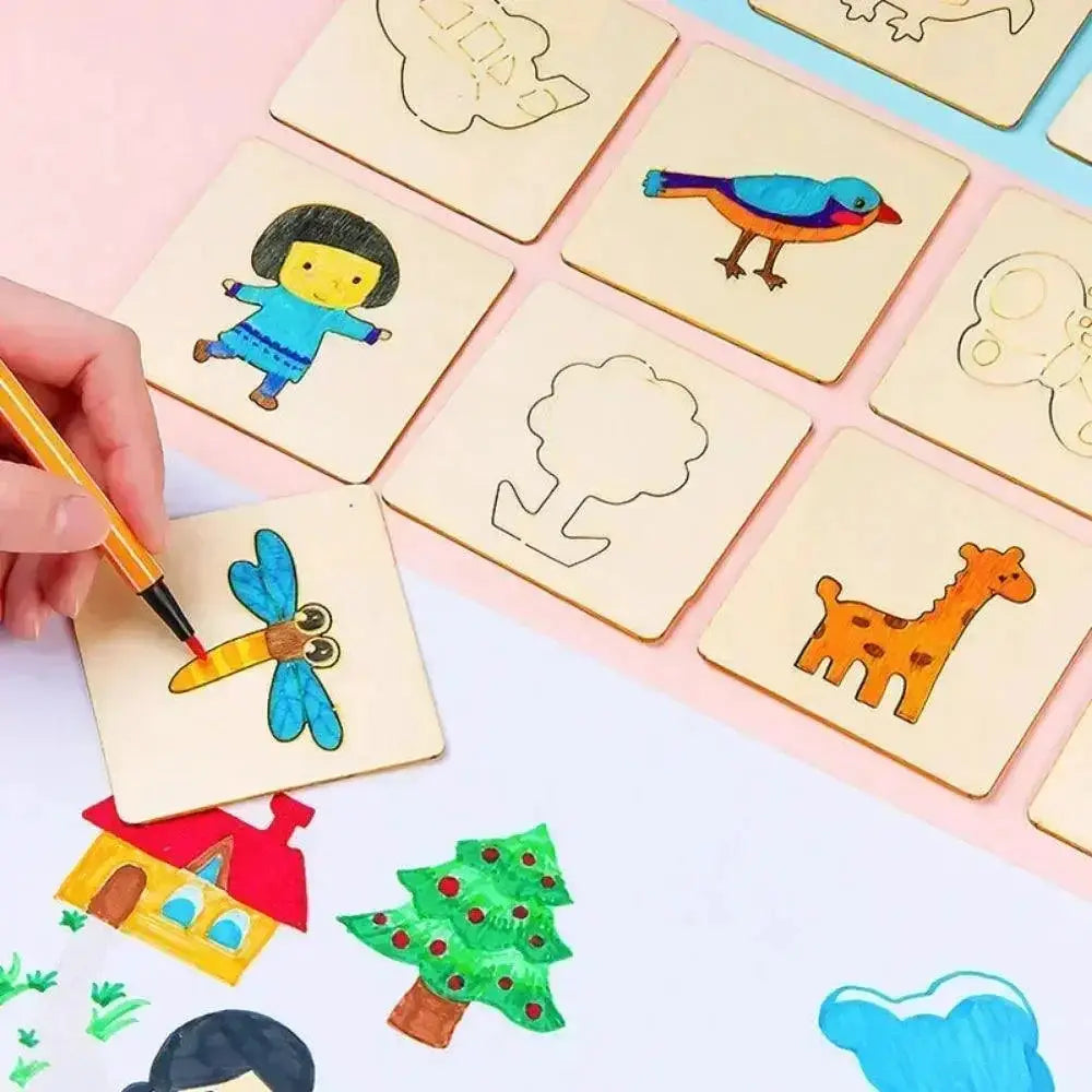 Montessori Kids Wooden Painting Stencils Educational Toy Set