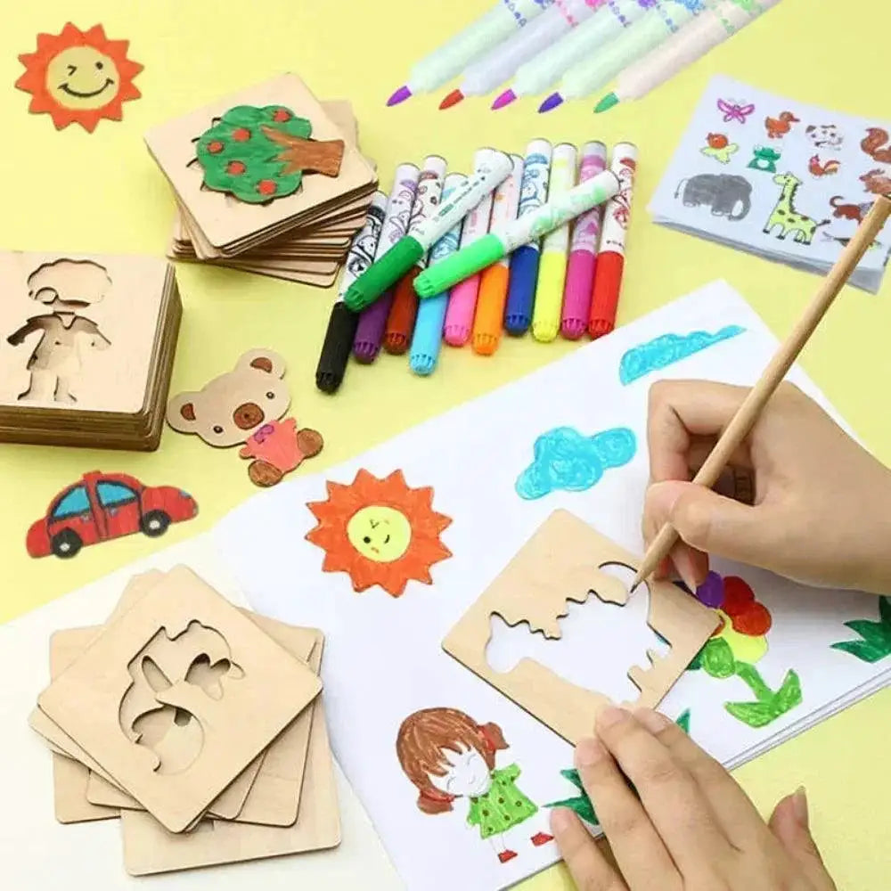 Montessori Kids Wooden Painting Stencils Educational Toy Set