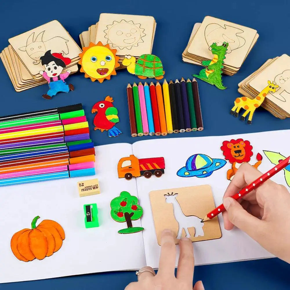 Montessori Kids Wooden Painting Stencils Set For Creativity
