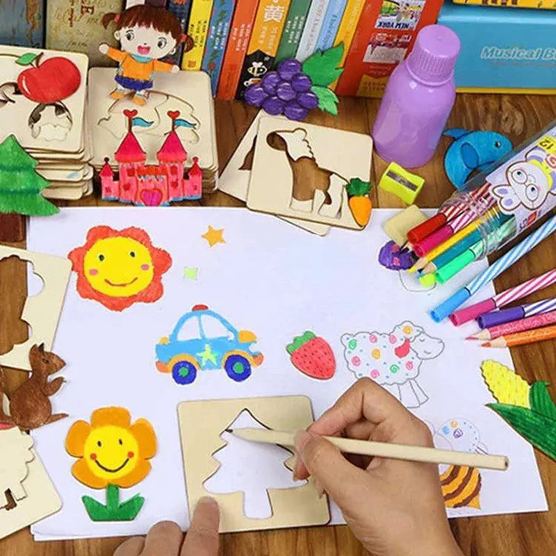 Montessori Kids Wooden Painting Stencils Set For Creativity