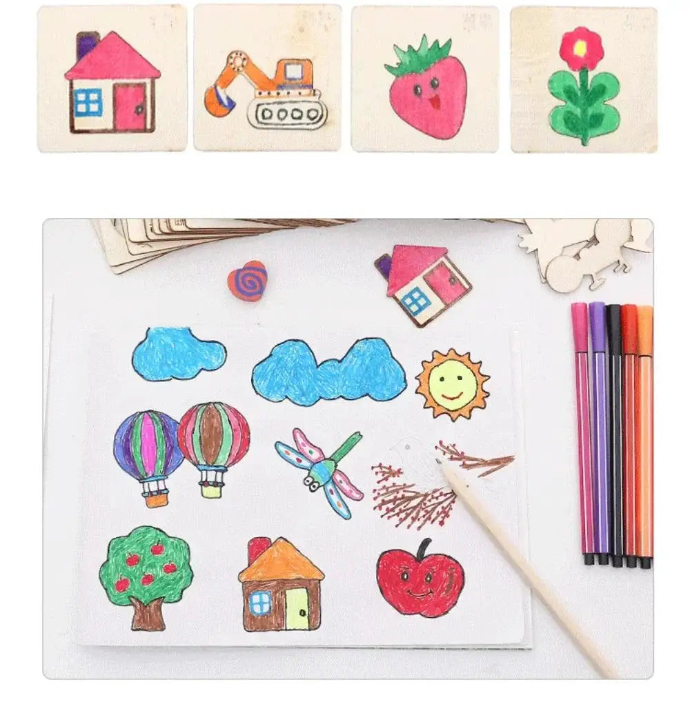 Montessori Kids Wooden Painting Stencils Set For Creativity