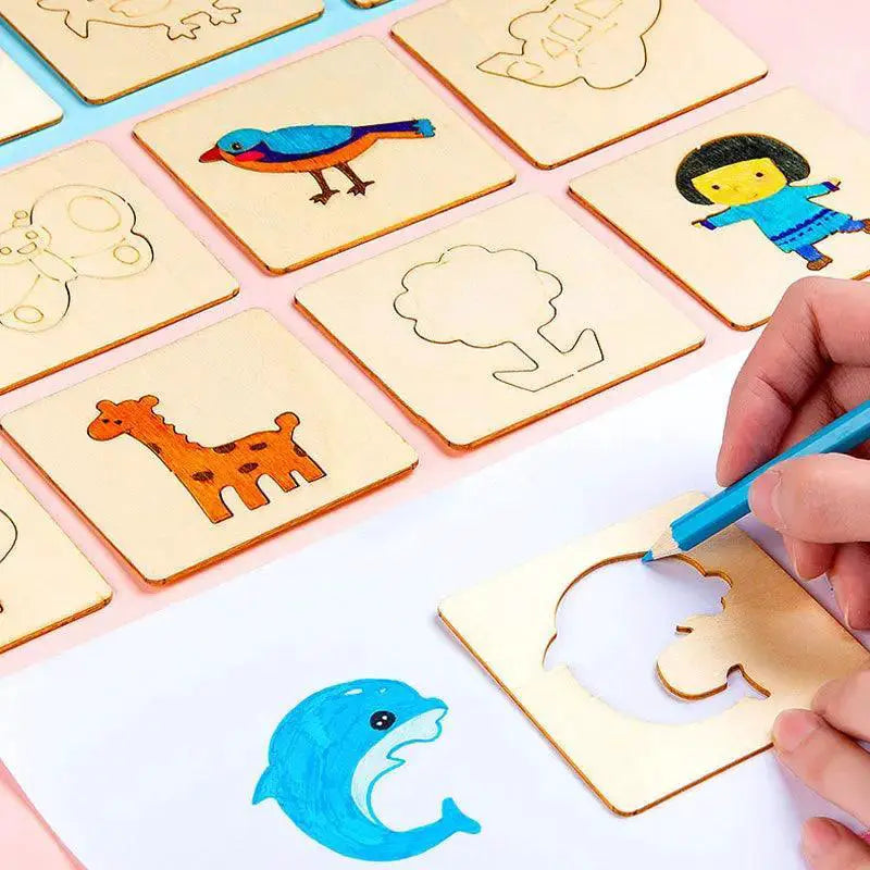 Montessori Kids Wooden Painting Stencils Set For Creativity