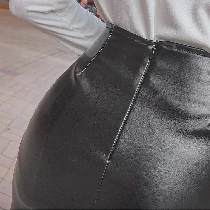 Moukyun Korean PU Leather High Waist Split Skirt For Women