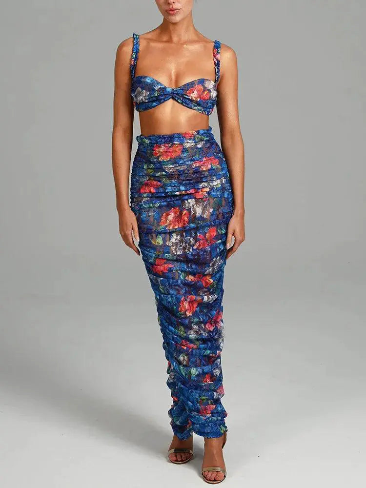 Mozision Womens Floral Strapless Top With Skirt Party Set