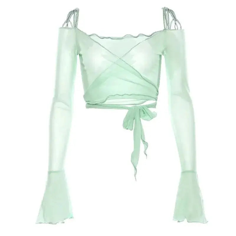 Musuos Lace Up Mesh Crop Top Alluring Streetwear Blouse