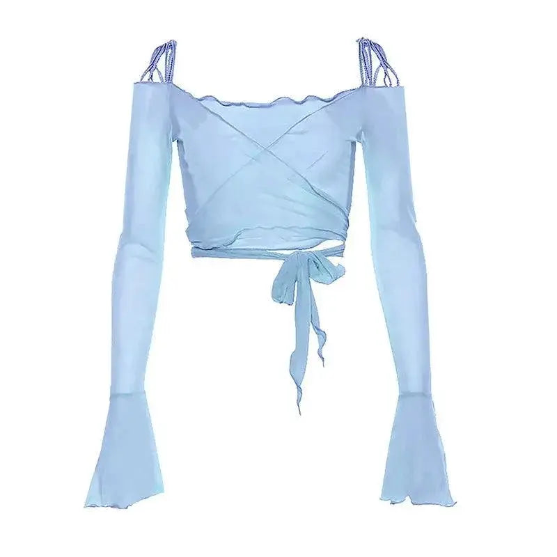Musuos Lace Up Mesh Crop Top Alluring Streetwear Blouse