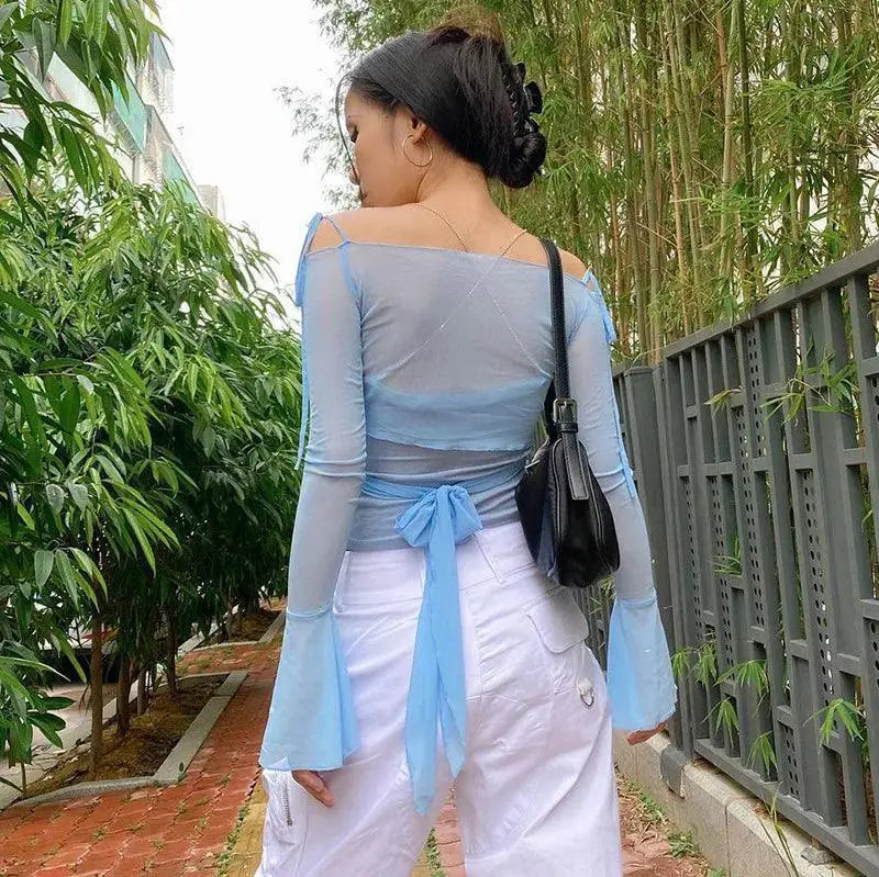 Musuos Lace Up Mesh Crop Top Alluring Streetwear Blouse