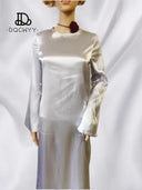 New Elegant Satin Flare Sleeve Evening Party Dress White Champagne