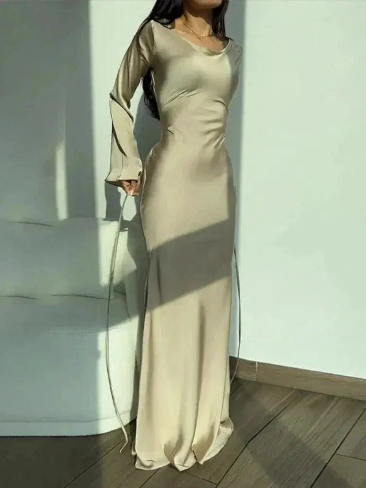 New Elegant Satin Flare Sleeve Evening Party Dress Champagne